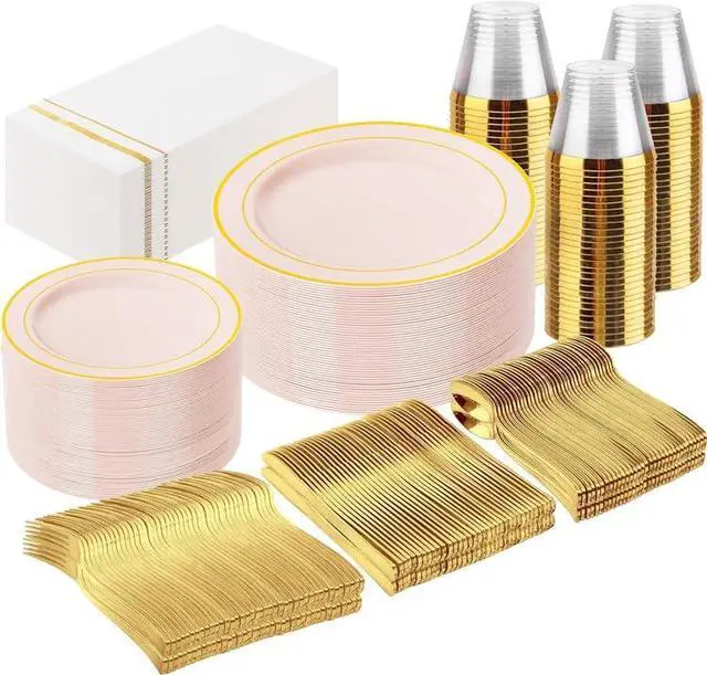 Main image of 350PCS Pink Plastic Plates - Disposable Plastic Dinnerware Set Include 100 Pink Plates, 150 Silverware, 50 Napkins, 50 Cups for Party & Wedding & Baby Shower