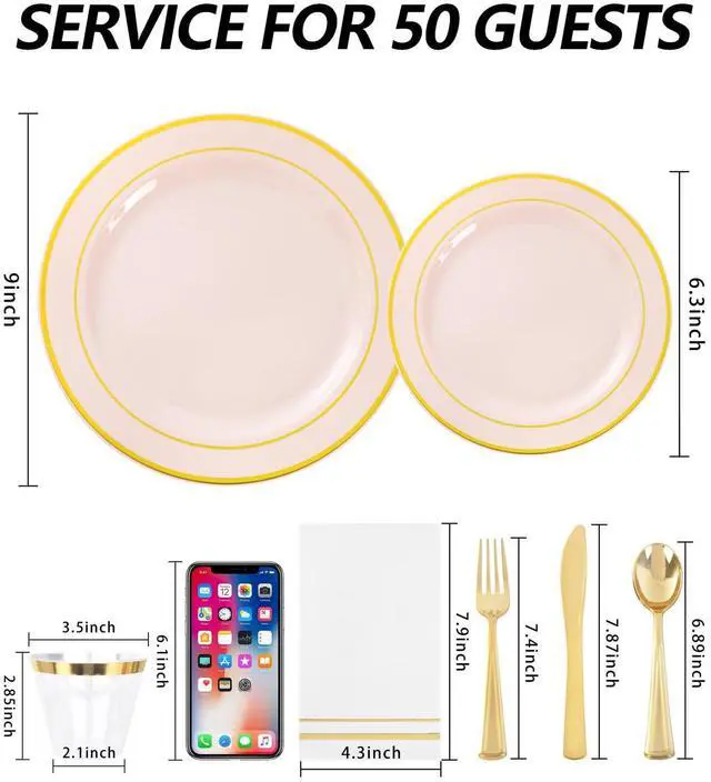 Alt view image 2 of 7 - 350PCS Pink Plastic Plates - Disposable Plastic Dinnerware Set Include 100 Pink Plates, 150 Silverware, 50 Napkins, 50 Cups for Party & Wedding & Baby Shower