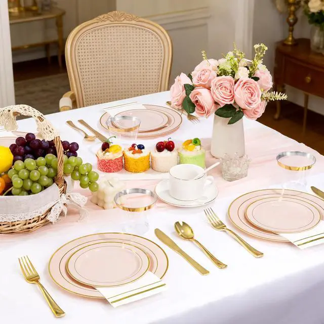 Alt view image 3 of 7 - 350PCS Pink Plastic Plates - Disposable Plastic Dinnerware Set Include 100 Pink Plates, 150 Silverware, 50 Napkins, 50 Cups for Party & Wedding & Baby Shower