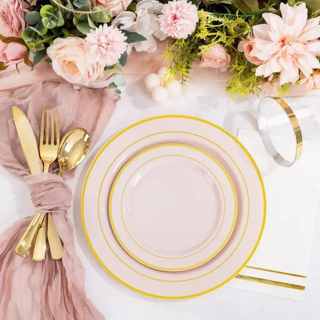 Alt view image 4 of 7 - 350PCS Pink Plastic Plates - Disposable Plastic Dinnerware Set Include 100 Pink Plates, 150 Silverware, 50 Napkins, 50 Cups for Party & Wedding & Baby Shower