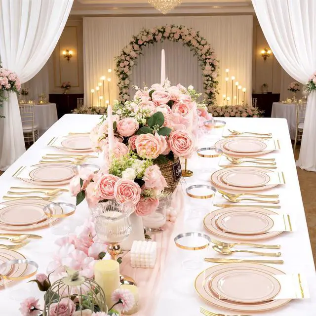 Alt view image 5 of 7 - 350PCS Pink Plastic Plates - Disposable Plastic Dinnerware Set Include 100 Pink Plates, 150 Silverware, 50 Napkins, 50 Cups for Party & Wedding & Baby Shower