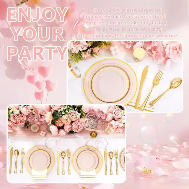 Alt view image 6 of 7 - 350PCS Pink Plastic Plates - Disposable Plastic Dinnerware Set Include 100 Pink Plates, 150 Silverware, 50 Napkins, 50 Cups for Party & Wedding & Baby Shower