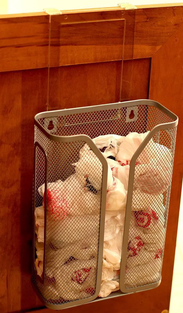 Alt view image 2 of 5 - Over The Cabinet Door Grocery Bag Holder, Silver