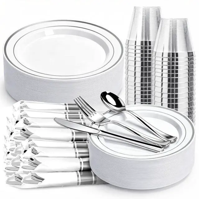Main image of 175 PCS White and Silver Plastic Dinnerware Set for 25 Guests, Disposable Party Plates for 25 Guests, Include: 50 Plastic Plates, 25 Pre Rolled Napkins with Silver Silverware, 25 Cups
