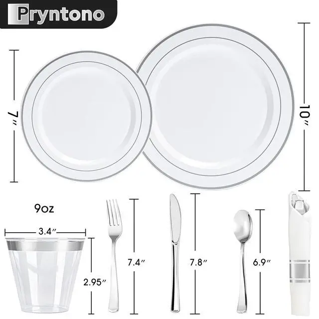 Alt view image 2 of 6 - 175 PCS White and Silver Plastic Dinnerware Set for 25 Guests, Disposable Party Plates for 25 Guests, Include: 50 Plastic Plates, 25 Pre Rolled Napkins with Silver Silverware, 25 Cups