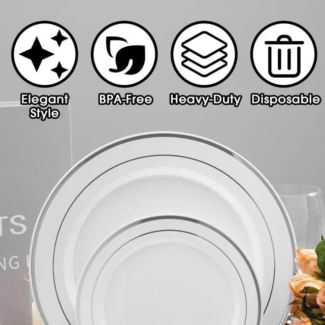 Alt view image 3 of 6 - 175 PCS White and Silver Plastic Dinnerware Set for 25 Guests, Disposable Party Plates for 25 Guests, Include: 50 Plastic Plates, 25 Pre Rolled Napkins with Silver Silverware, 25 Cups