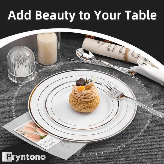 Alt view image 5 of 6 - 175 PCS White and Silver Plastic Dinnerware Set for 25 Guests, Disposable Party Plates for 25 Guests, Include: 50 Plastic Plates, 25 Pre Rolled Napkins with Silver Silverware, 25 Cups
