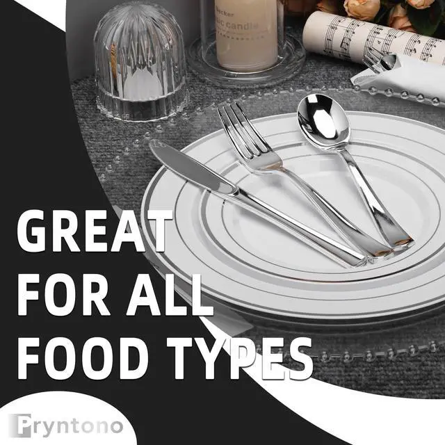 Alt view image 6 of 6 - 175 PCS White and Silver Plastic Dinnerware Set for 25 Guests, Disposable Party Plates for 25 Guests, Include: 50 Plastic Plates, 25 Pre Rolled Napkins with Silver Silverware, 25 Cups