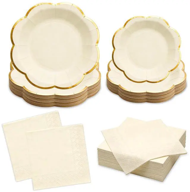 Main image of White Plates and Napkins Party Supplies for 20 Guests,White Scalloped Paper Plates with Gold Rim, Elegant Disposable Tableware Set for Birthday, Baby Shower, Wedding, Bridal & Tea Party,60 PCS