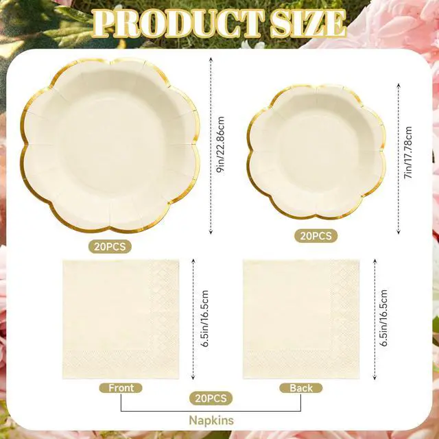 Alt view image 3 of 7 - White Plates and Napkins Party Supplies for 20 Guests,White Scalloped Paper Plates with Gold Rim, Elegant Disposable Tableware Set for Birthday, Baby Shower, Wedding, Bridal & Tea Party,60 PCS