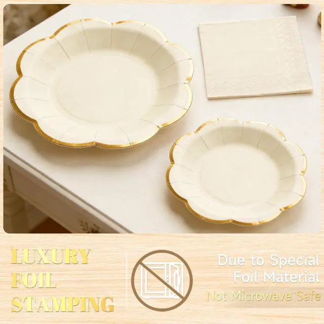 Alt view image 4 of 7 - White Plates and Napkins Party Supplies for 20 Guests,White Scalloped Paper Plates with Gold Rim, Elegant Disposable Tableware Set for Birthday, Baby Shower, Wedding, Bridal & Tea Party,60 PCS