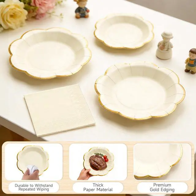 Alt view image 2 of 7 - White Plates and Napkins Party Supplies for 20 Guests,White Scalloped Paper Plates with Gold Rim, Elegant Disposable Tableware Set for Birthday, Baby Shower, Wedding, Bridal & Tea Party,60 PCS