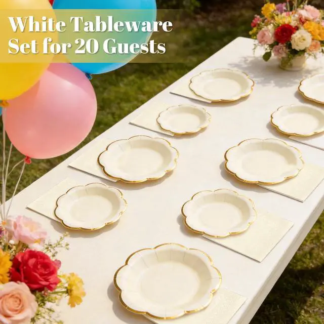 Alt view image 5 of 7 - White Plates and Napkins Party Supplies for 20 Guests,White Scalloped Paper Plates with Gold Rim, Elegant Disposable Tableware Set for Birthday, Baby Shower, Wedding, Bridal & Tea Party,60 PCS