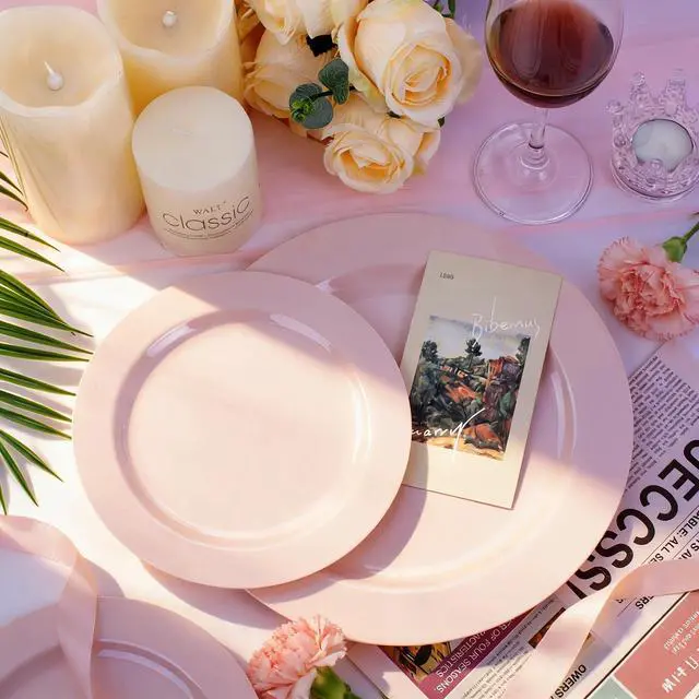 Alt view image 2 of 7 - 100PCS Pink Plastic Plates - Heavy Duty Pink Party set Disposable serve for 50 guests -10 inch Dinner + 7 inch Dessert/Salad Plates for Easter,Birthday Party,Mother's Day