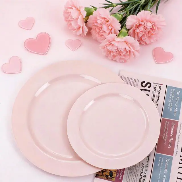 Alt view image 4 of 7 - 100PCS Pink Plastic Plates - Heavy Duty Pink Party set Disposable serve for 50 guests -10 inch Dinner + 7 inch Dessert/Salad Plates for Easter,Birthday Party,Mother's Day