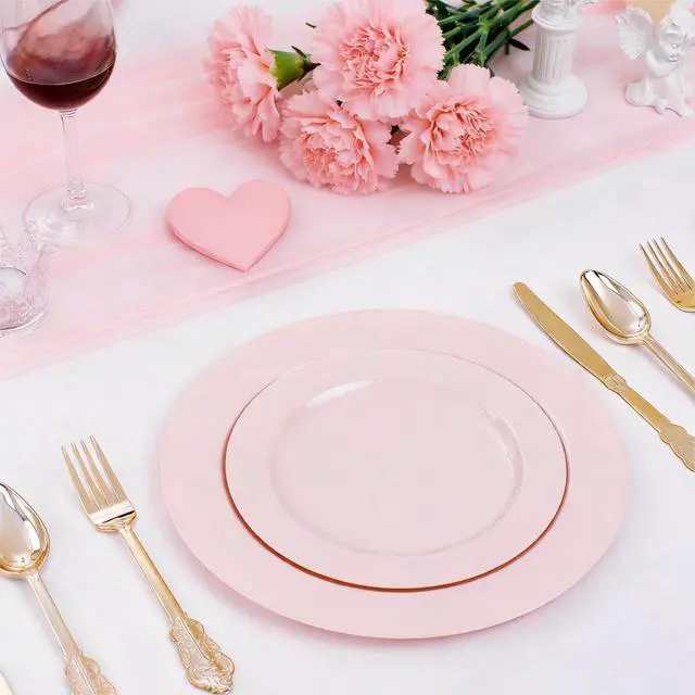 Alt view image 5 of 7 - 100PCS Pink Plastic Plates - Heavy Duty Pink Party set Disposable serve for 50 guests -10 inch Dinner + 7 inch Dessert/Salad Plates for Easter,Birthday Party,Mother's Day