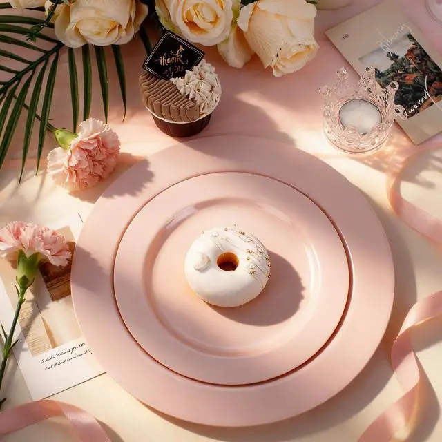 Alt view image 7 of 7 - 100PCS Pink Plastic Plates - Heavy Duty Pink Party set Disposable serve for 50 guests -10 inch Dinner + 7 inch Dessert/Salad Plates for Easter,Birthday Party,Mother's Day