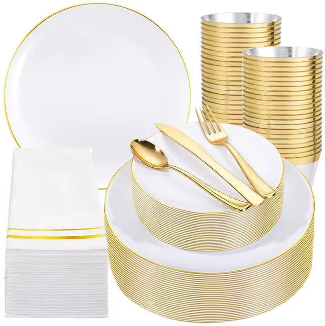 Main image of 350Pcs Gold Plastic Plates - White and Gold Dinnerware Set Disposable include 10" & 7" Plates,Cups,Silverware,Napkins -serve 50 Guests Perfect for Wedding& Easter&Birthday Party