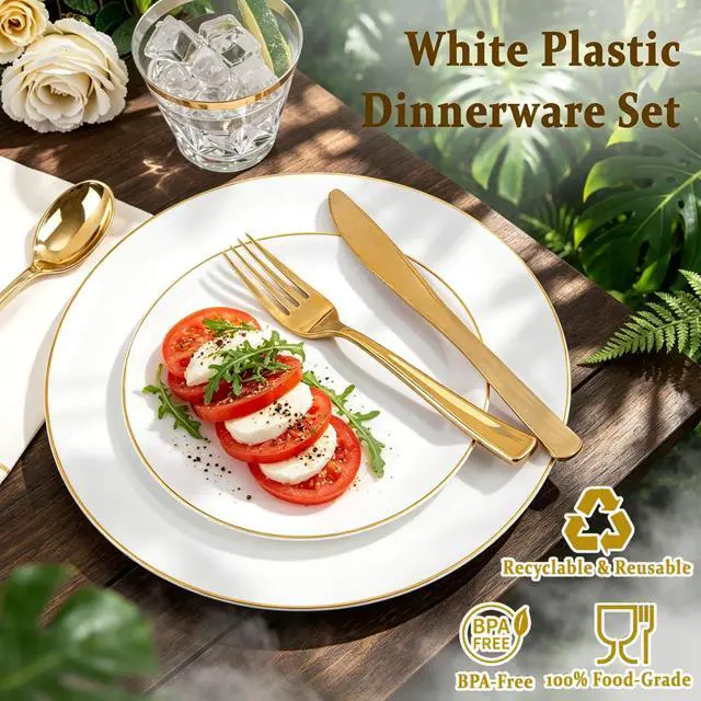 Alt view image 3 of 7 - 350Pcs Gold Plastic Plates - White and Gold Dinnerware Set Disposable include 10" & 7" Plates,Cups,Silverware,Napkins -serve 50 Guests Perfect for Wedding& Easter&Birthday Party