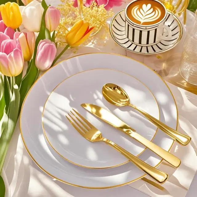Alt view image 5 of 7 - 350Pcs Gold Plastic Plates - White and Gold Dinnerware Set Disposable include 10" & 7" Plates,Cups,Silverware,Napkins -serve 50 Guests Perfect for Wedding& Easter&Birthday Party