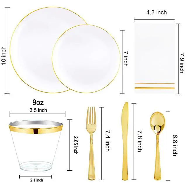 Alt view image 2 of 7 - 350Pcs Gold Plastic Plates - White and Gold Dinnerware Set Disposable include 10" & 7" Plates,Cups,Silverware,Napkins -serve 50 Guests Perfect for Wedding& Easter&Birthday Party