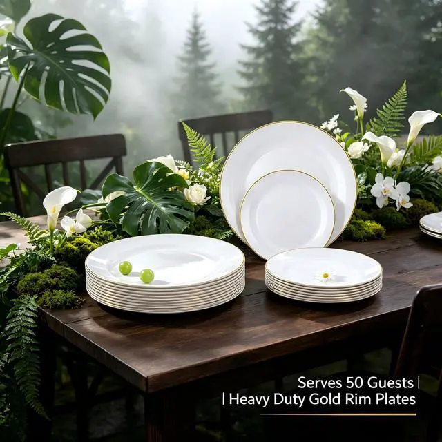 Alt view image 4 of 7 - 350Pcs Gold Plastic Plates - White and Gold Dinnerware Set Disposable include 10" & 7" Plates,Cups,Silverware,Napkins -serve 50 Guests Perfect for Wedding& Easter&Birthday Party