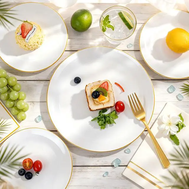 Alt view image 7 of 7 - 350Pcs Gold Plastic Plates - White and Gold Dinnerware Set Disposable include 10" & 7" Plates,Cups,Silverware,Napkins -serve 50 Guests Perfect for Wedding& Easter&Birthday Party