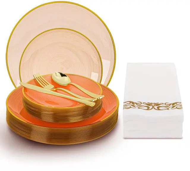 Main image of 180PCS Orange Plastic Plates with Gold Trim, Disposable Party Dinnerware Set for 30 Guests, Include 30 Dinner and Salad Plates, Napkins, Forks, Spoons, Knives, Perfect for Wedding, Dinner Party