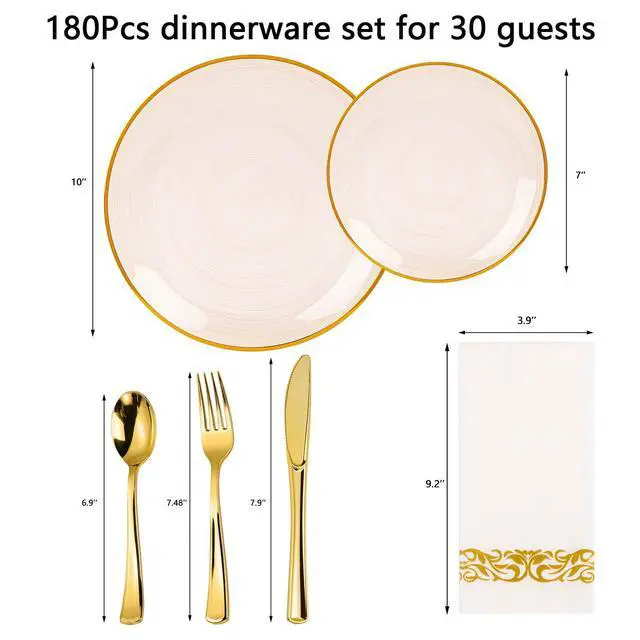 Alt view image 2 of 7 - 180PCS Orange Plastic Plates with Gold Trim, Disposable Party Dinnerware Set for 30 Guests, Include 30 Dinner and Salad Plates, Napkins, Forks, Spoons, Knives, Perfect for Wedding, Dinner Party