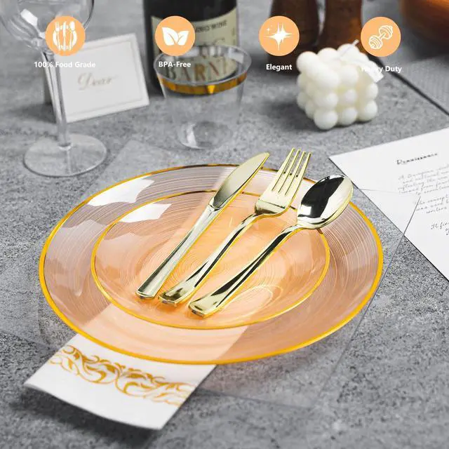 Alt view image 3 of 7 - 180PCS Orange Plastic Plates with Gold Trim, Disposable Party Dinnerware Set for 30 Guests, Include 30 Dinner and Salad Plates, Napkins, Forks, Spoons, Knives, Perfect for Wedding, Dinner Party