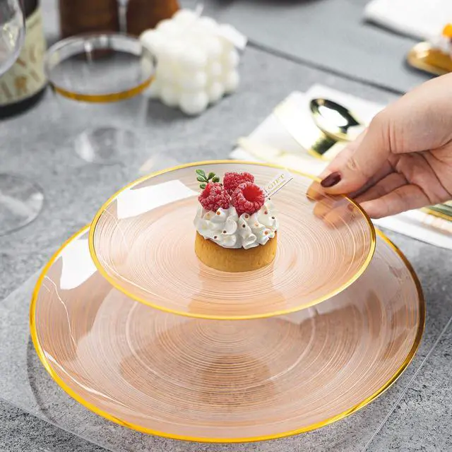 Alt view image 4 of 7 - 180PCS Orange Plastic Plates with Gold Trim, Disposable Party Dinnerware Set for 30 Guests, Include 30 Dinner and Salad Plates, Napkins, Forks, Spoons, Knives, Perfect for Wedding, Dinner Party