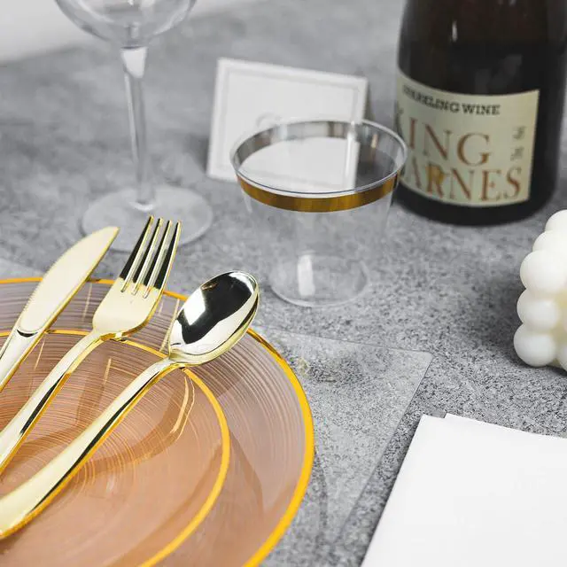 Alt view image 5 of 7 - 180PCS Orange Plastic Plates with Gold Trim, Disposable Party Dinnerware Set for 30 Guests, Include 30 Dinner and Salad Plates, Napkins, Forks, Spoons, Knives, Perfect for Wedding, Dinner Party