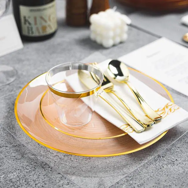 Alt view image 6 of 7 - 180PCS Orange Plastic Plates with Gold Trim, Disposable Party Dinnerware Set for 30 Guests, Include 30 Dinner and Salad Plates, Napkins, Forks, Spoons, Knives, Perfect for Wedding, Dinner Party
