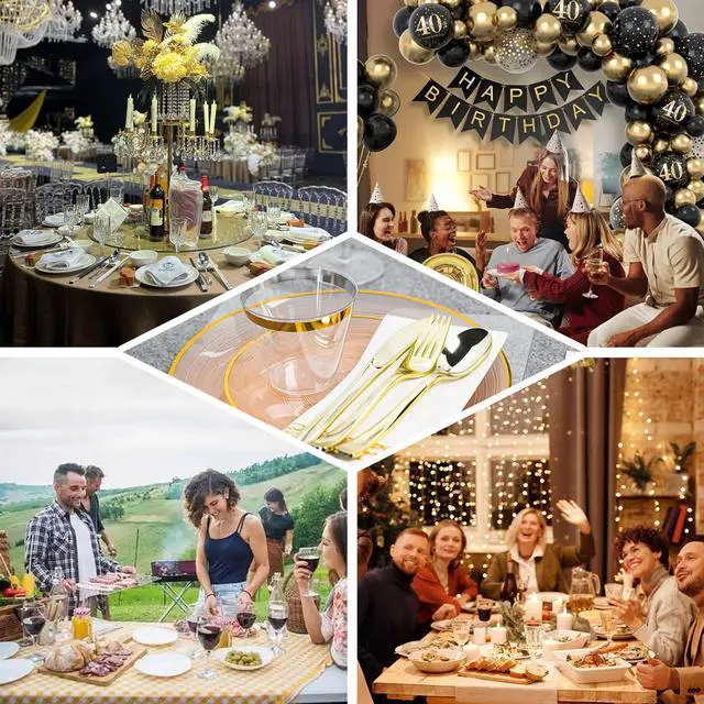 Alt view image 7 of 7 - 180PCS Orange Plastic Plates with Gold Trim, Disposable Party Dinnerware Set for 30 Guests, Include 30 Dinner and Salad Plates, Napkins, Forks, Spoons, Knives, Perfect for Wedding, Dinner Party