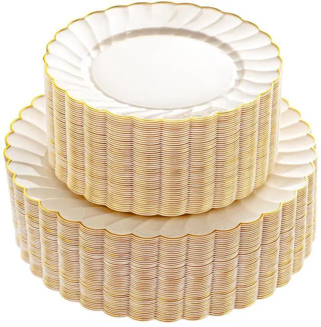 Main image of 100PCS Ivory Scalloped Plastic Plates - Heavy Duty Gold Disposable Fancy Hard Plates Include 50 Dinner Plate, 50 Dessert Plate, for Wedding & Party