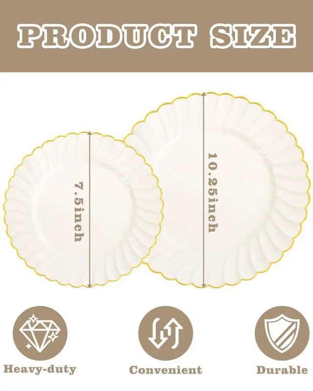 Alt view image 2 of 7 - 100PCS Ivory Scalloped Plastic Plates - Heavy Duty Gold Disposable Fancy Hard Plates Include 50 Dinner Plate, 50 Dessert Plate, for Wedding & Party
