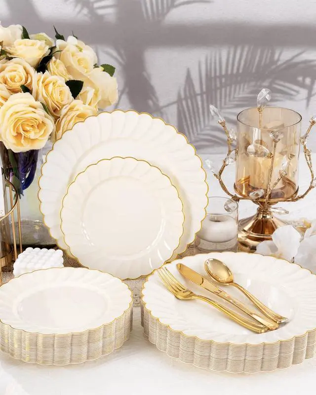 Alt view image 5 of 7 - 100PCS Ivory Scalloped Plastic Plates - Heavy Duty Gold Disposable Fancy Hard Plates Include 50 Dinner Plate, 50 Dessert Plate, for Wedding & Party