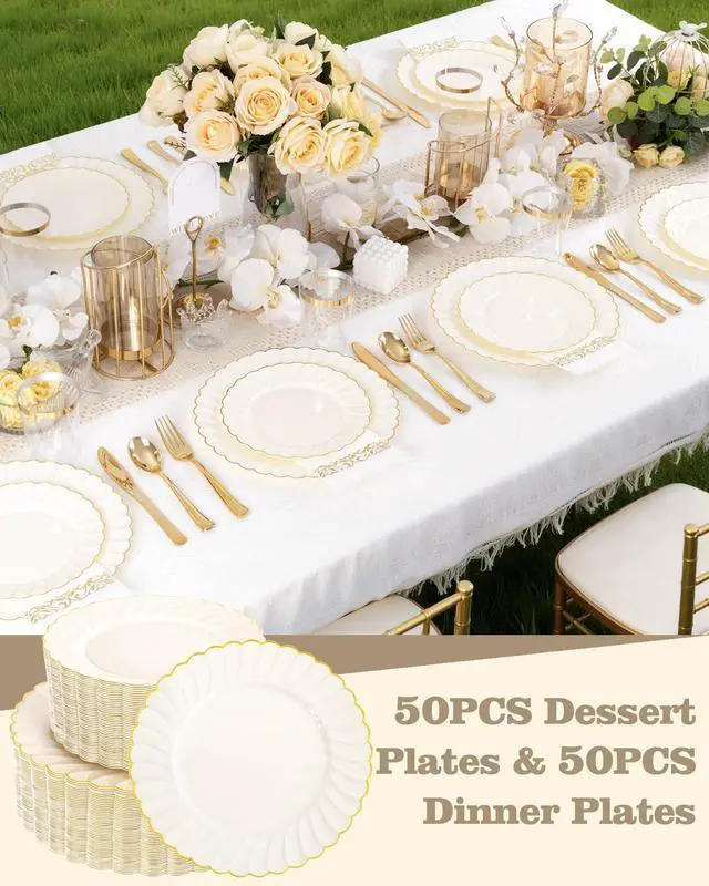 Alt view image 4 of 7 - 100PCS Ivory Scalloped Plastic Plates - Heavy Duty Gold Disposable Fancy Hard Plates Include 50 Dinner Plate, 50 Dessert Plate, for Wedding & Party