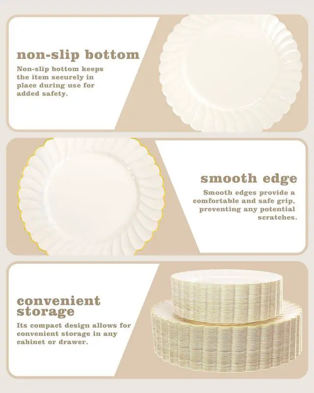 Alt view image 6 of 7 - 100PCS Ivory Scalloped Plastic Plates - Heavy Duty Gold Disposable Fancy Hard Plates Include 50 Dinner Plate, 50 Dessert Plate, for Wedding & Party