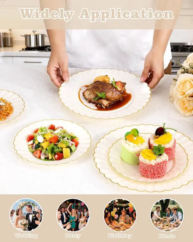 Alt view image 7 of 7 - 100PCS Ivory Scalloped Plastic Plates - Heavy Duty Gold Disposable Fancy Hard Plates Include 50 Dinner Plate, 50 Dessert Plate, for Wedding & Party