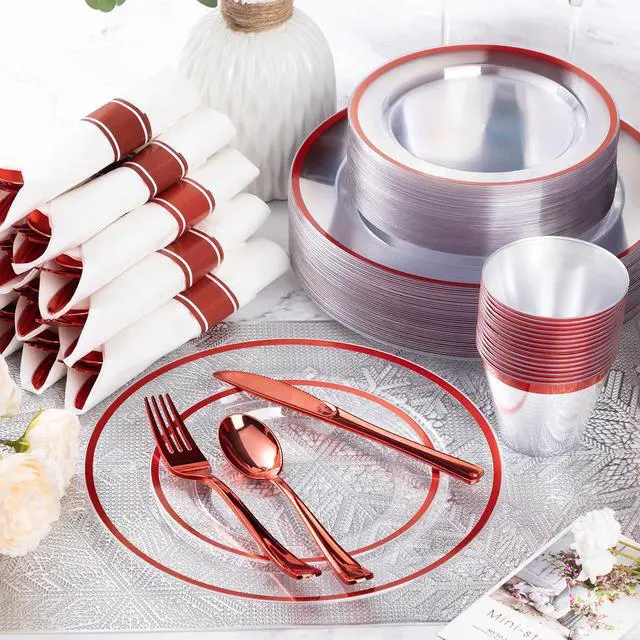 Alt view image 2 of 6 - 350 Piece Red Plastic Dinnerware Set for Party, Clear Disposable Plates for 50 Guests, Includes 100 Plates, 50 Pre Rolled Napkins with Cutlery Set, 50 Cups for Graduation, Wedding, Christmas