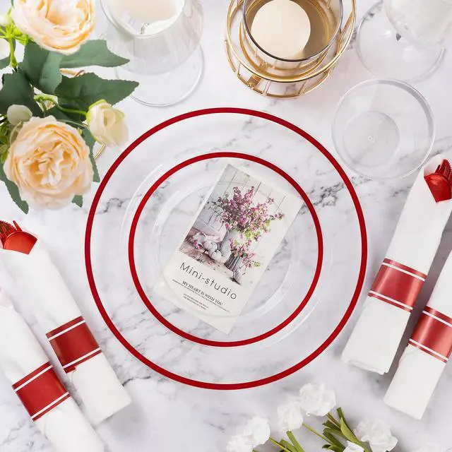 Alt view image 3 of 6 - 350 Piece Red Plastic Dinnerware Set for Party, Clear Disposable Plates for 50 Guests, Includes 100 Plates, 50 Pre Rolled Napkins with Cutlery Set, 50 Cups for Graduation, Wedding, Christmas