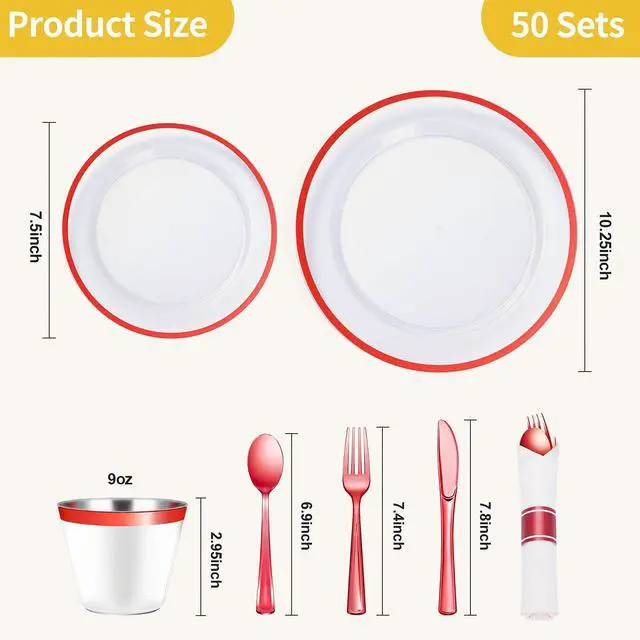Alt view image 4 of 6 - 350 Piece Red Plastic Dinnerware Set for Party, Clear Disposable Plates for 50 Guests, Includes 100 Plates, 50 Pre Rolled Napkins with Cutlery Set, 50 Cups for Graduation, Wedding, Christmas