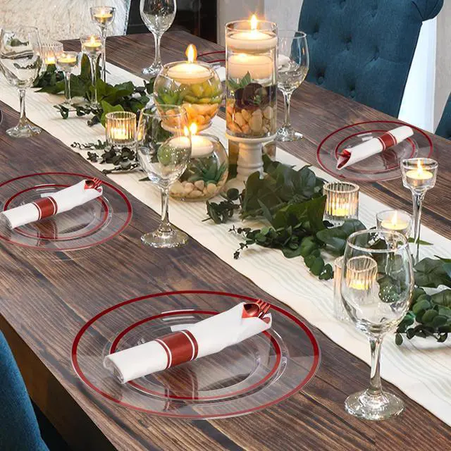 Alt view image 6 of 6 - 350 Piece Red Plastic Dinnerware Set for Party, Clear Disposable Plates for 50 Guests, Includes 100 Plates, 50 Pre Rolled Napkins with Cutlery Set, 50 Cups for Graduation, Wedding, Christmas