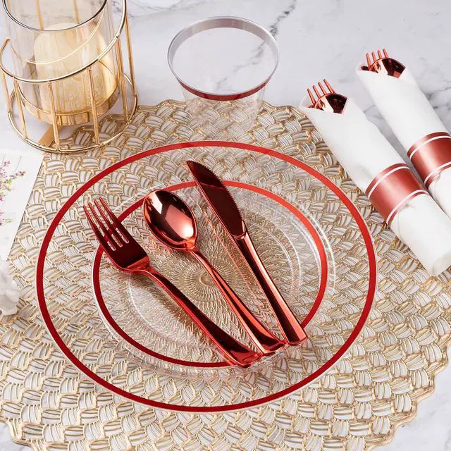 Alt view image 5 of 6 - 350 Piece Red Plastic Dinnerware Set for Party, Clear Disposable Plates for 50 Guests, Includes 100 Plates, 50 Pre Rolled Napkins with Cutlery Set, 50 Cups for Graduation, Wedding, Christmas