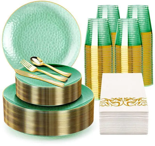 Main image of 350PCS Green Gold Plastic Dinnerware Set, Green and Gold Plastic Plates, Include 100 Plastic Plates, 150 Gold Disposable Silverware, 50 Cups and 50 Napkins for Party and Wedding