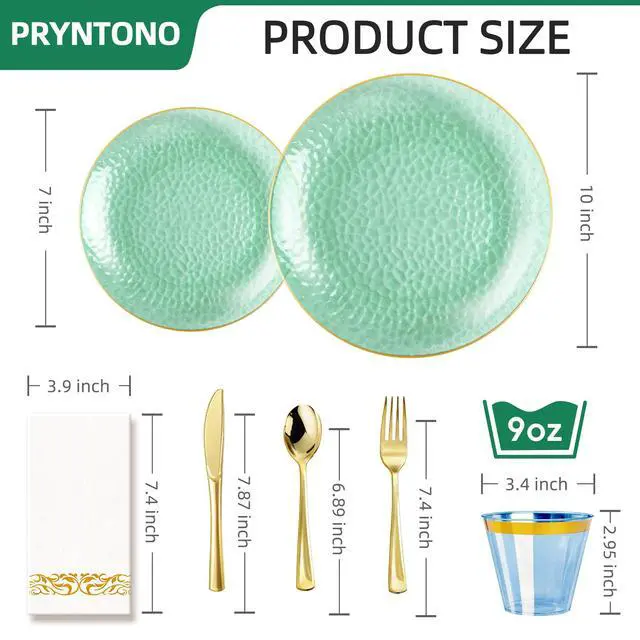 Alt view image 2 of 6 - 350PCS Green Gold Plastic Dinnerware Set, Green and Gold Plastic Plates, Include 100 Plastic Plates, 150 Gold Disposable Silverware, 50 Cups and 50 Napkins for Party and Wedding