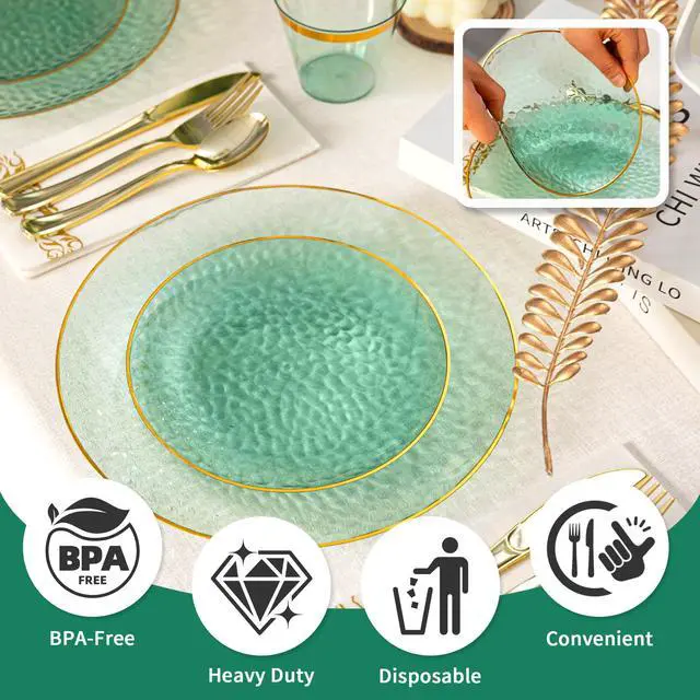 Alt view image 3 of 6 - 350PCS Green Gold Plastic Dinnerware Set, Green and Gold Plastic Plates, Include 100 Plastic Plates, 150 Gold Disposable Silverware, 50 Cups and 50 Napkins for Party and Wedding