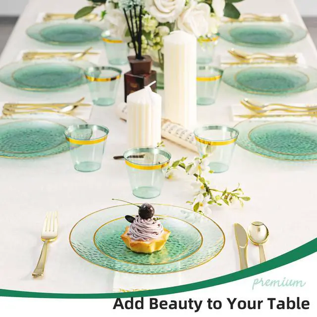 Alt view image 5 of 6 - 350PCS Green Gold Plastic Dinnerware Set, Green and Gold Plastic Plates, Include 100 Plastic Plates, 150 Gold Disposable Silverware, 50 Cups and 50 Napkins for Party and Wedding