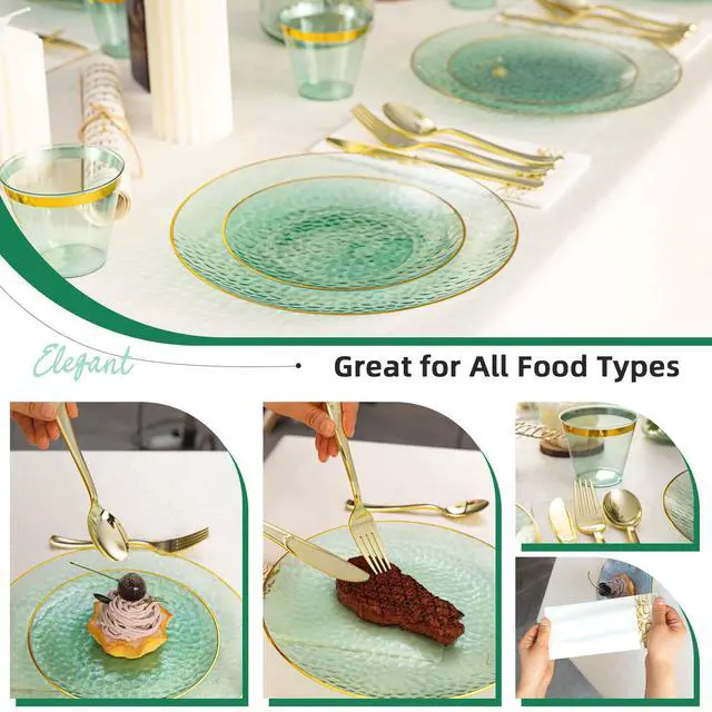 Alt view image 6 of 6 - 350PCS Green Gold Plastic Dinnerware Set, Green and Gold Plastic Plates, Include 100 Plastic Plates, 150 Gold Disposable Silverware, 50 Cups and 50 Napkins for Party and Wedding